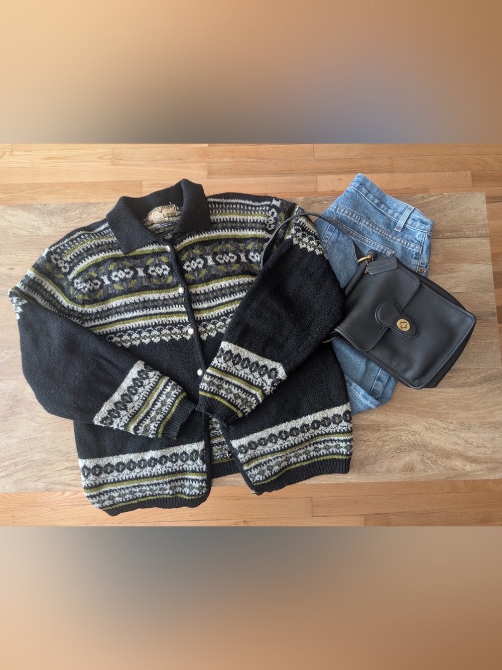 Point Zero Black Patterned Men's Cardigan with Olive and Gray Accents